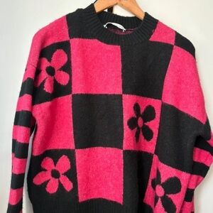Zara Black and Pink Checkered Floral Sweater